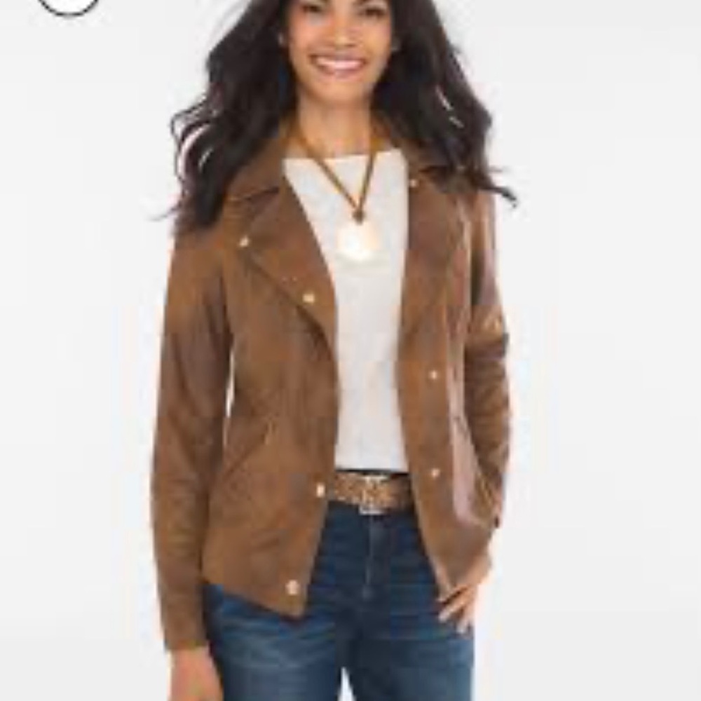 Chico's Brown Leather Jacket Asymmetrical Zip Notched Lapel